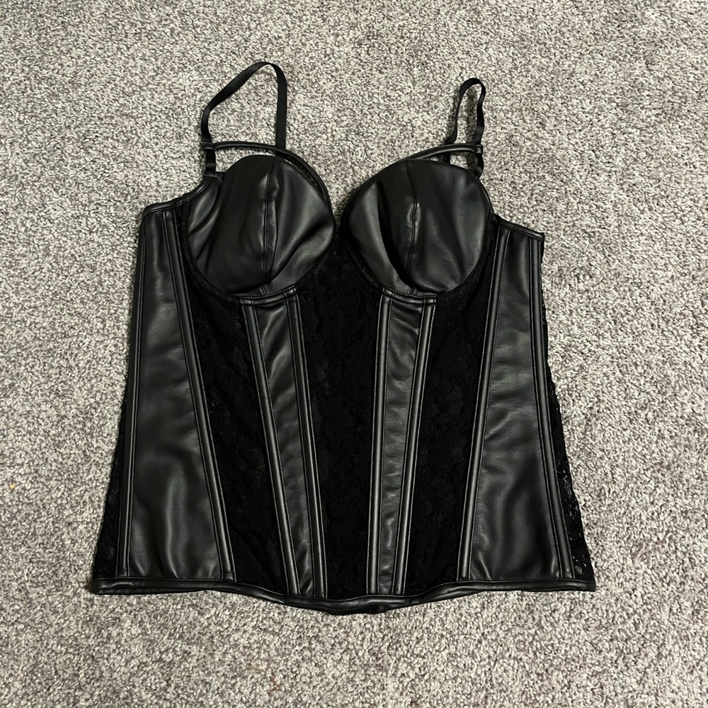 Fredericks of Hollywood faux leather and lace corset top